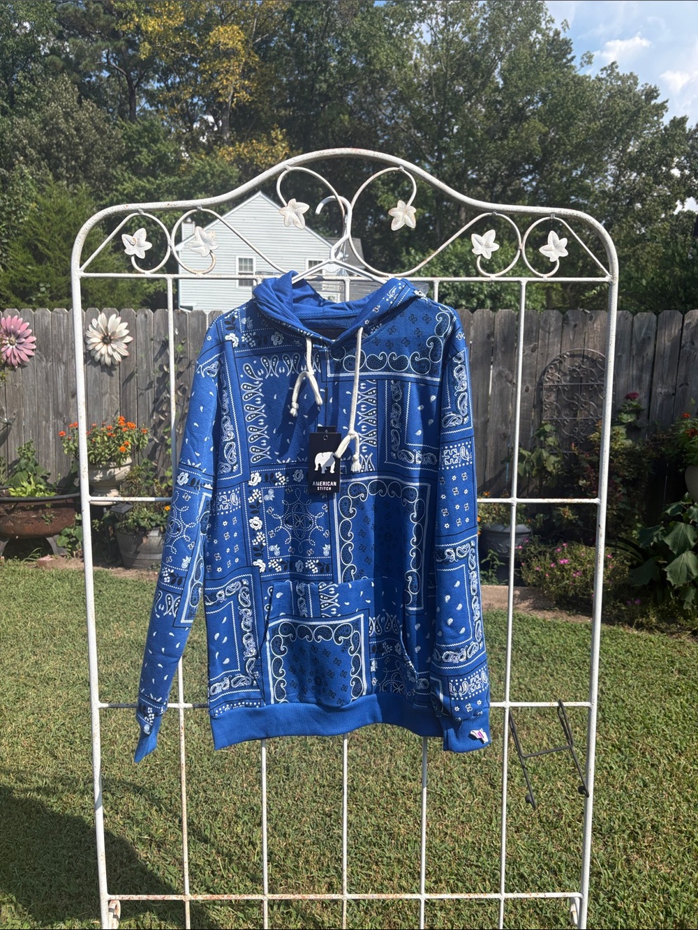 American Stitch Blue Bandana-Print Crewneck Hoodie